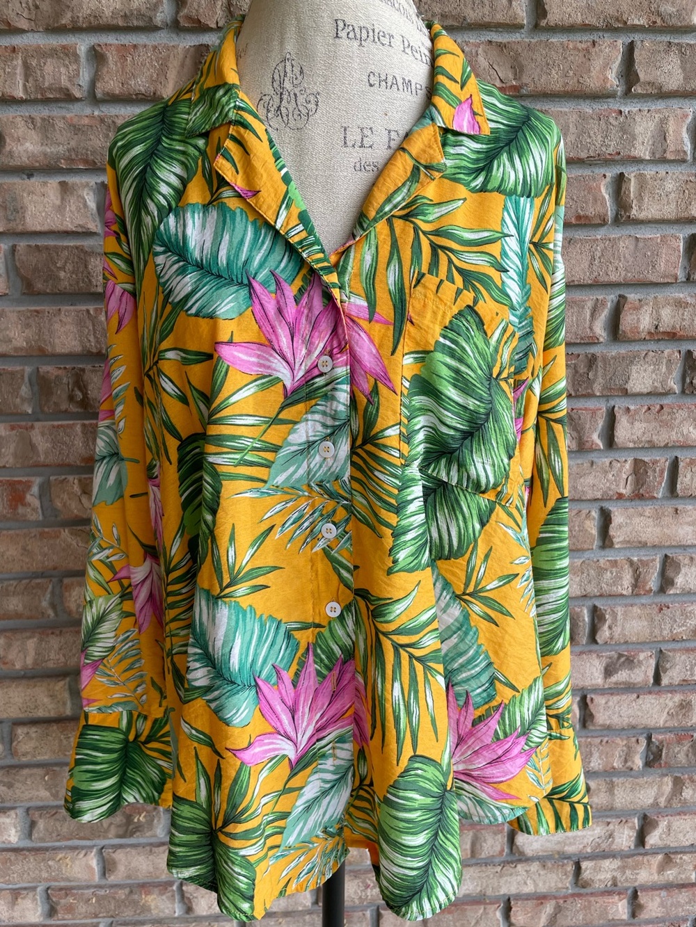 Umgee Yellow Tropical Print Boho Oversized Button-Up Hi-low Hem Top.